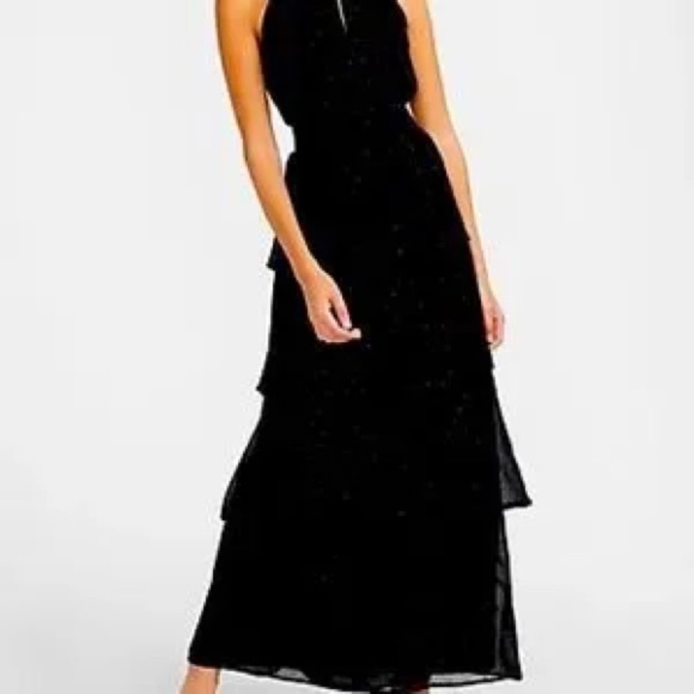 Express Black Tiered Sparkling Maxi Dress keyhole detail